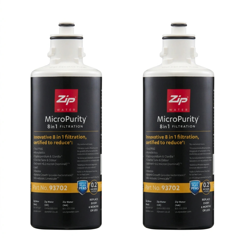 Two bottles of Zip Water MicroPurity 8-in-1 filtration replacement water, shown side by side against a plain white background.