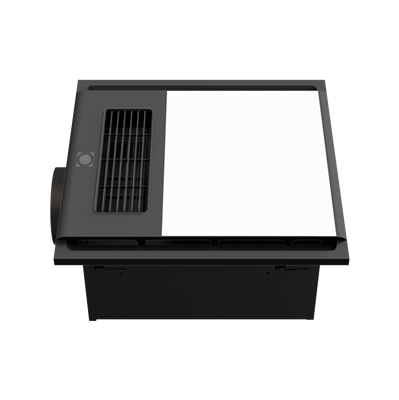 Black rectangular ceiling vent with a light panel on a white background
