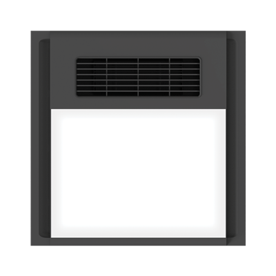 Rectangular air vent with black grille on a white background