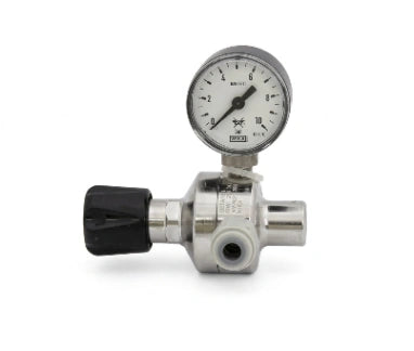 A metal gas regulator with an integrated round pressure gauge and a black adjustment knob, photographed on a clean white background.