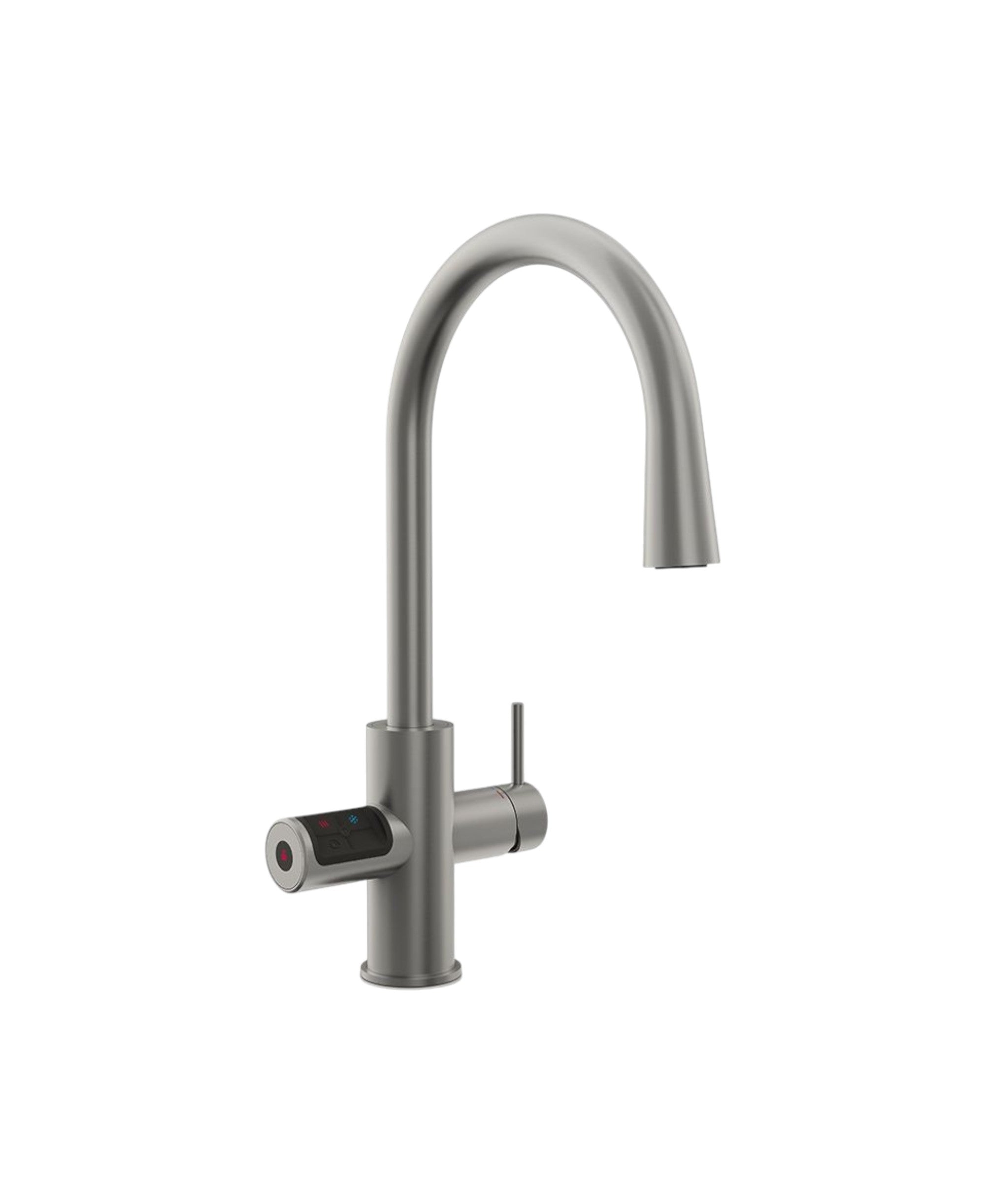 Stainless steel kitchen faucet on a white background