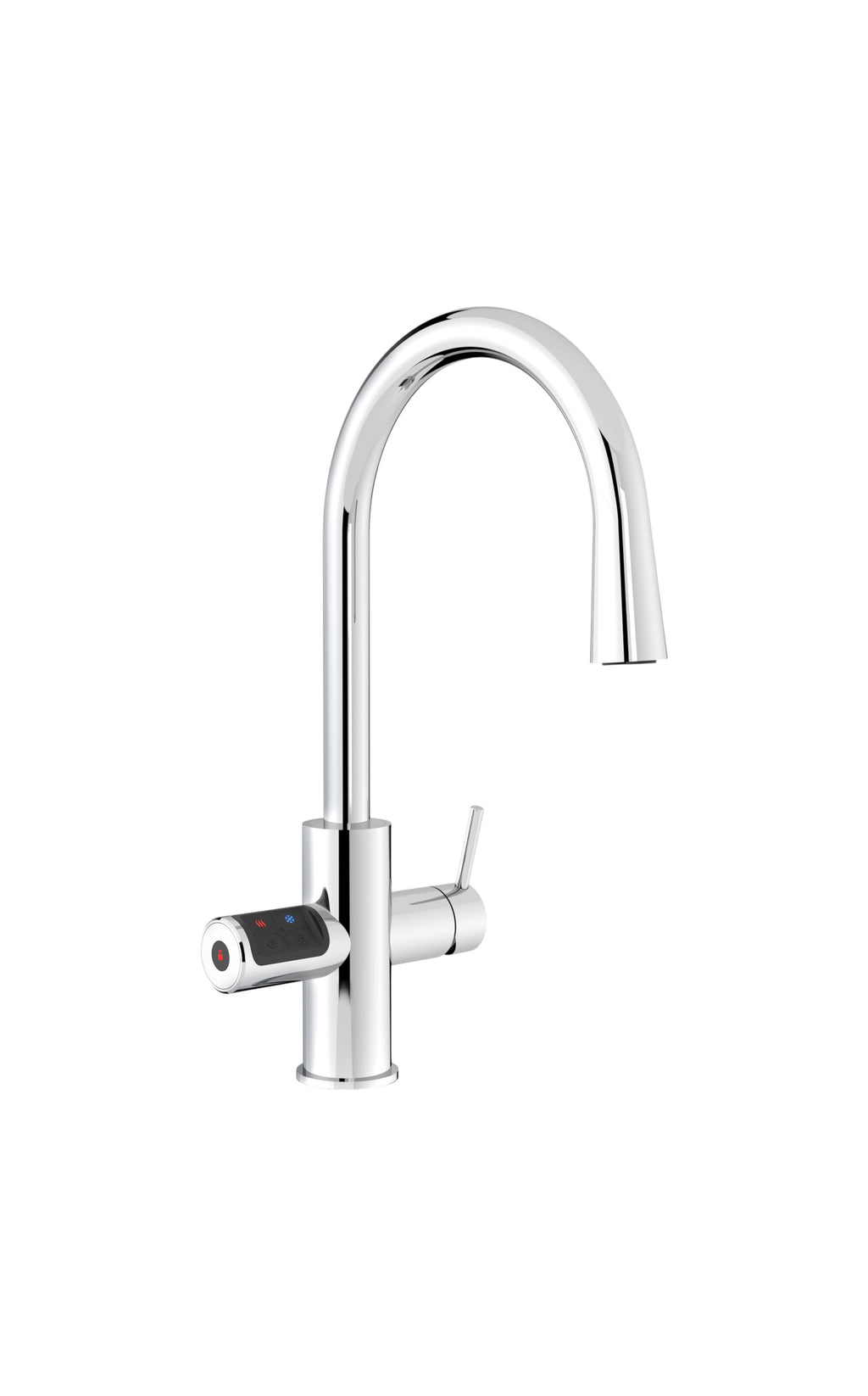 Chrome kitchen faucet with digital display on a white background