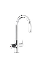 Chrome kitchen faucet with digital display on a white background