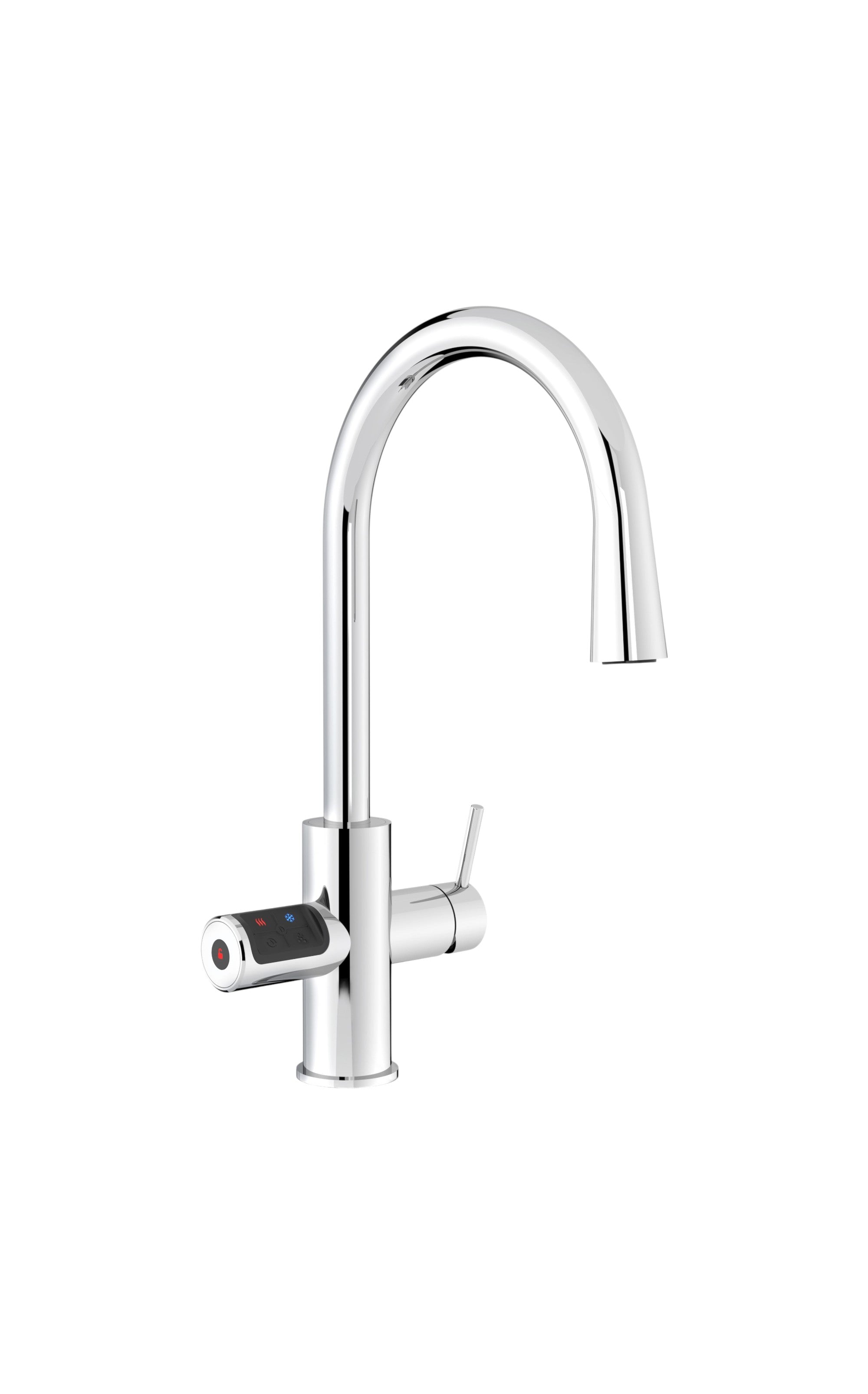 Chrome kitchen faucet with digital display on a white background