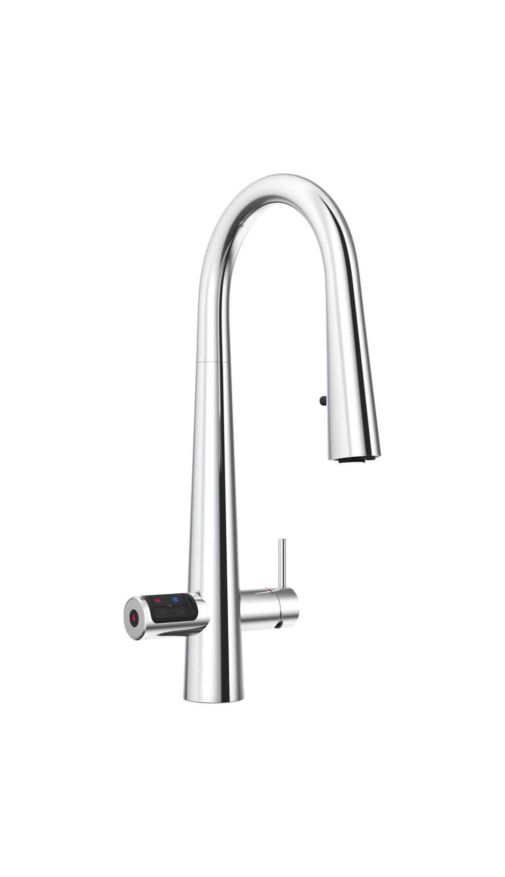 Modern kitchen faucet with digital display on a white background