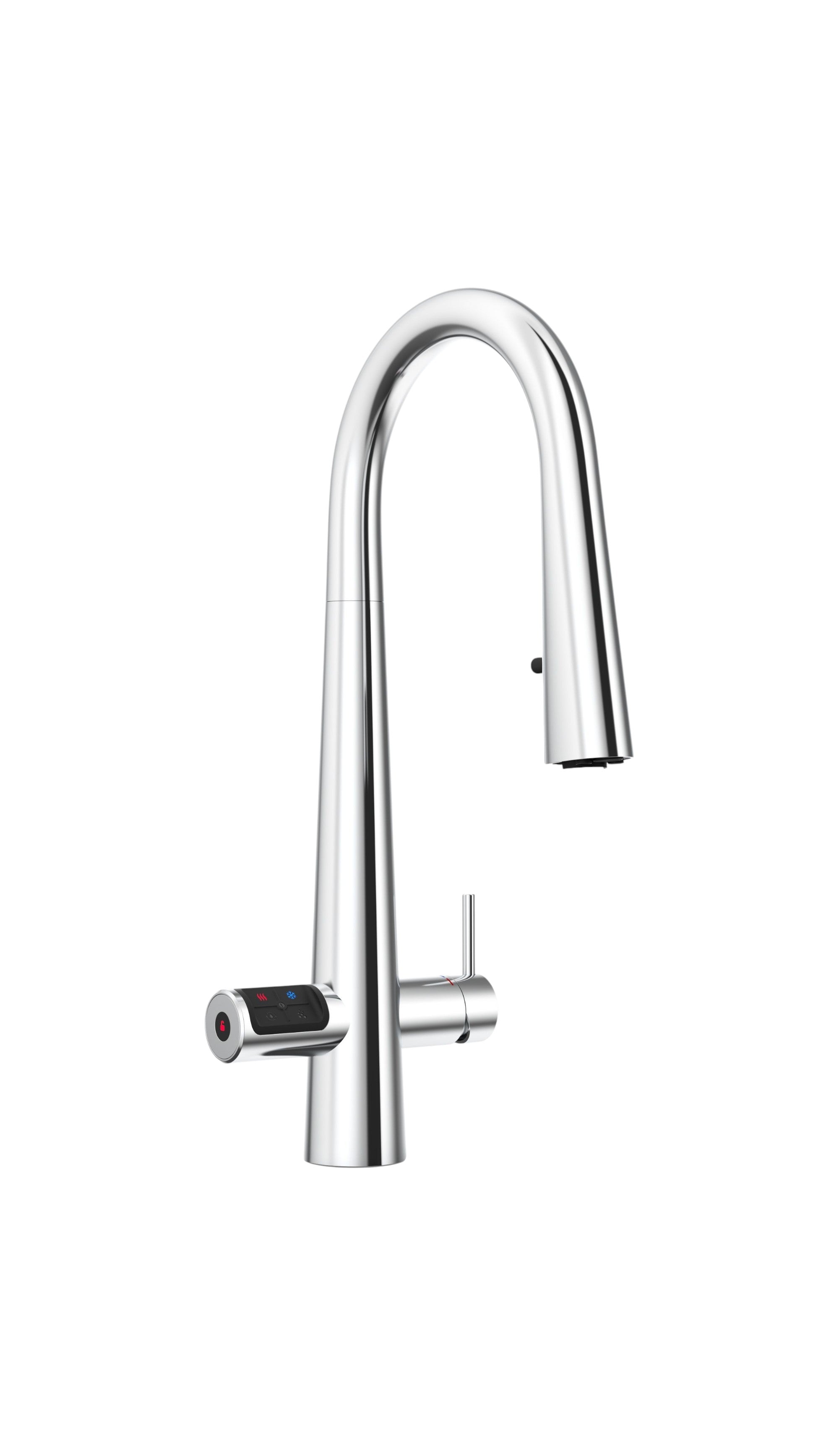 Modern kitchen faucet with digital display on a white background