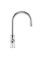 Chrome kitchen faucet on a white background