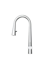 Chrome kitchen faucet on a white background