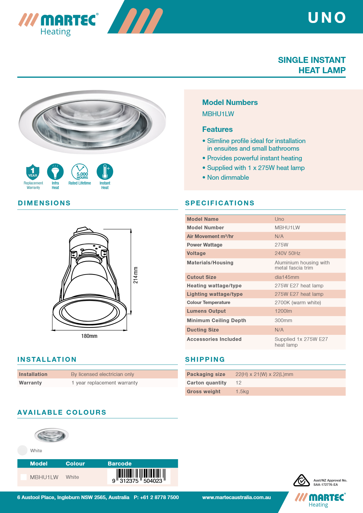 Martec Heating Single Instant Heat Lamp product packaging with specifications and features.