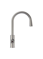 Stainless steel kitchen faucet on a white background
