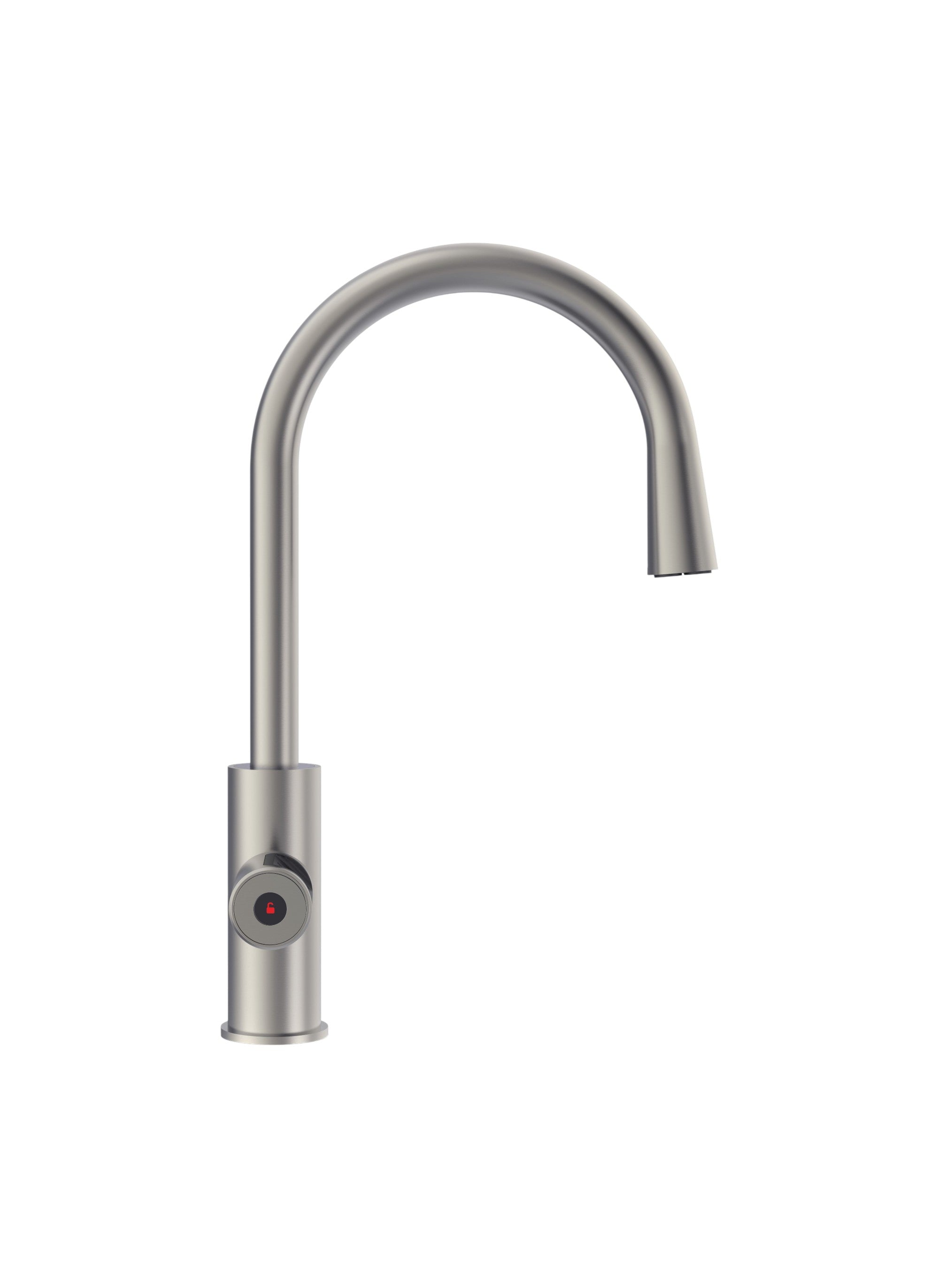 Stainless steel kitchen faucet on a white background