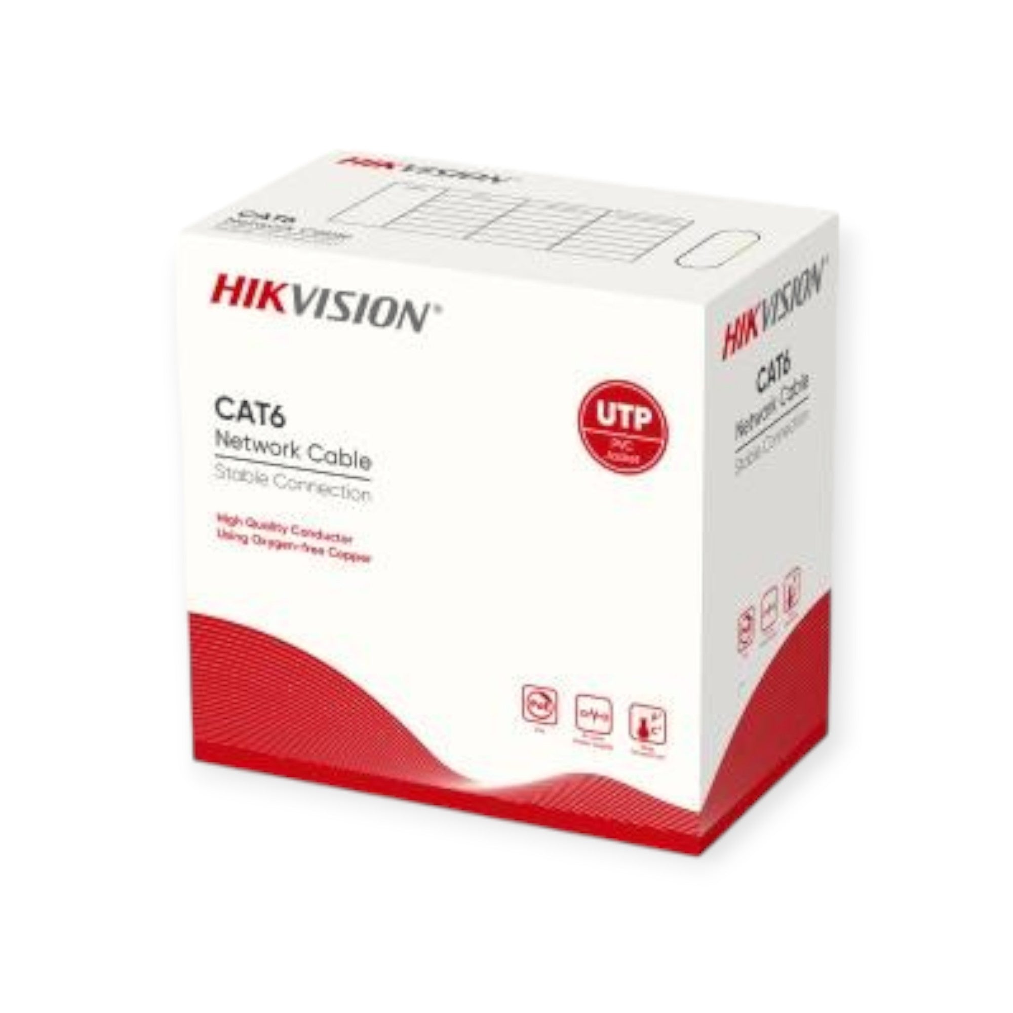 Box packaging of HIKVISION CAT6 Network Cable with red and white colors and product information.