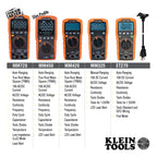 Comparison chart of Klein Tools multimeters with specifications on a white background