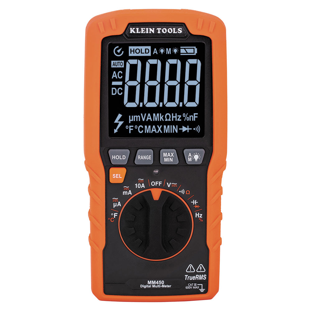 Digital multimeter with orange casing on a white background