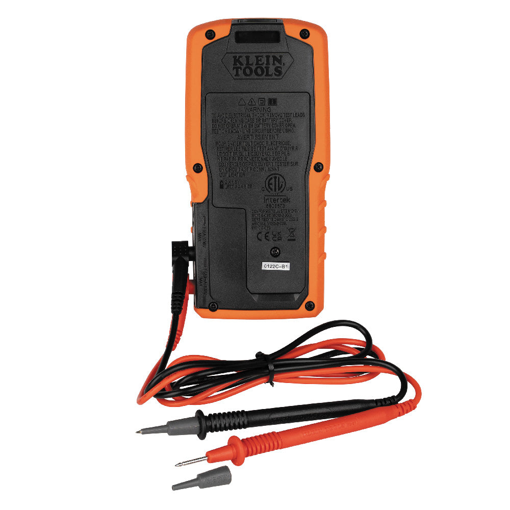 Klein Tools multimeter with probes on a white background