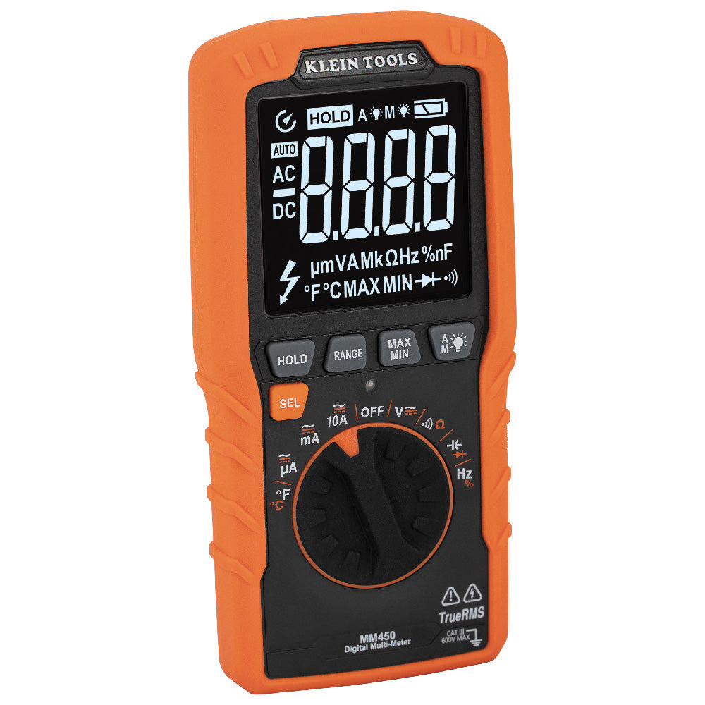 Digital multimeter with orange casing on a white background