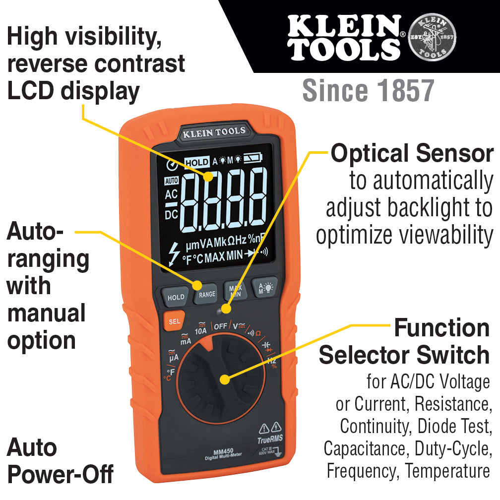 Orange Klein Tools multimeter with features highlighted on a white background