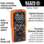 Orange Klein Tools multimeter with features highlighted on a white background