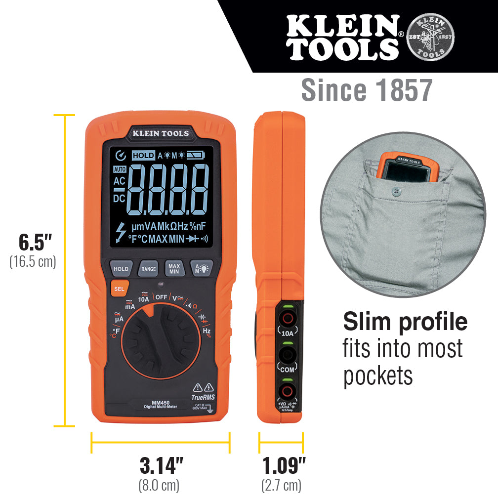 Klein Tools multimeter with dimensions and pocket-fitting feature on a white background
