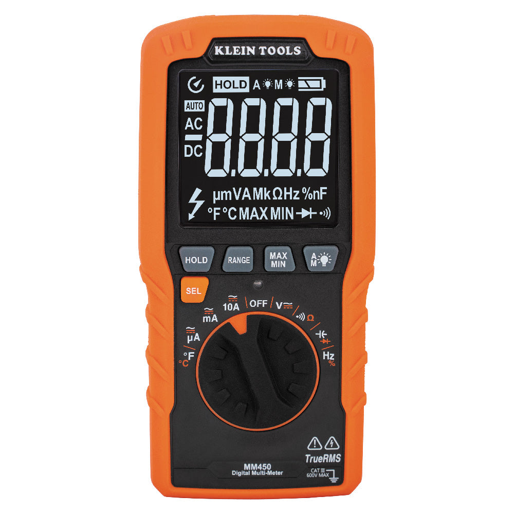 Digital multimeter with orange and black design on a white background