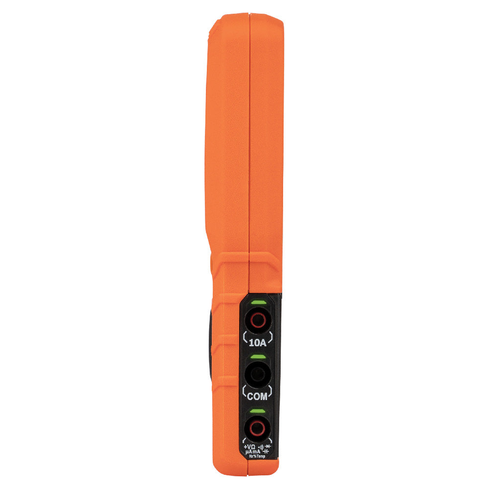 Orange electronic device with a black control panel on a white background