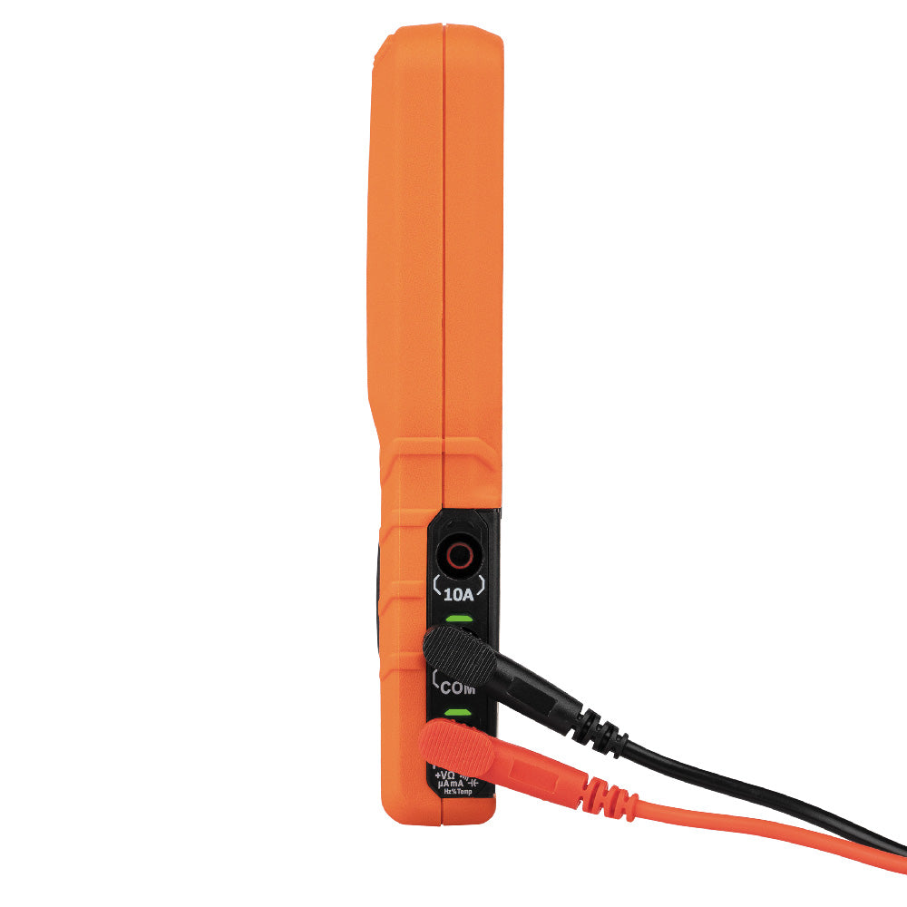 Orange electrical tester with a cable on a white background