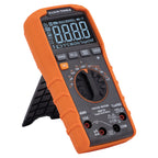 Orange and black digital multimeter with a white background