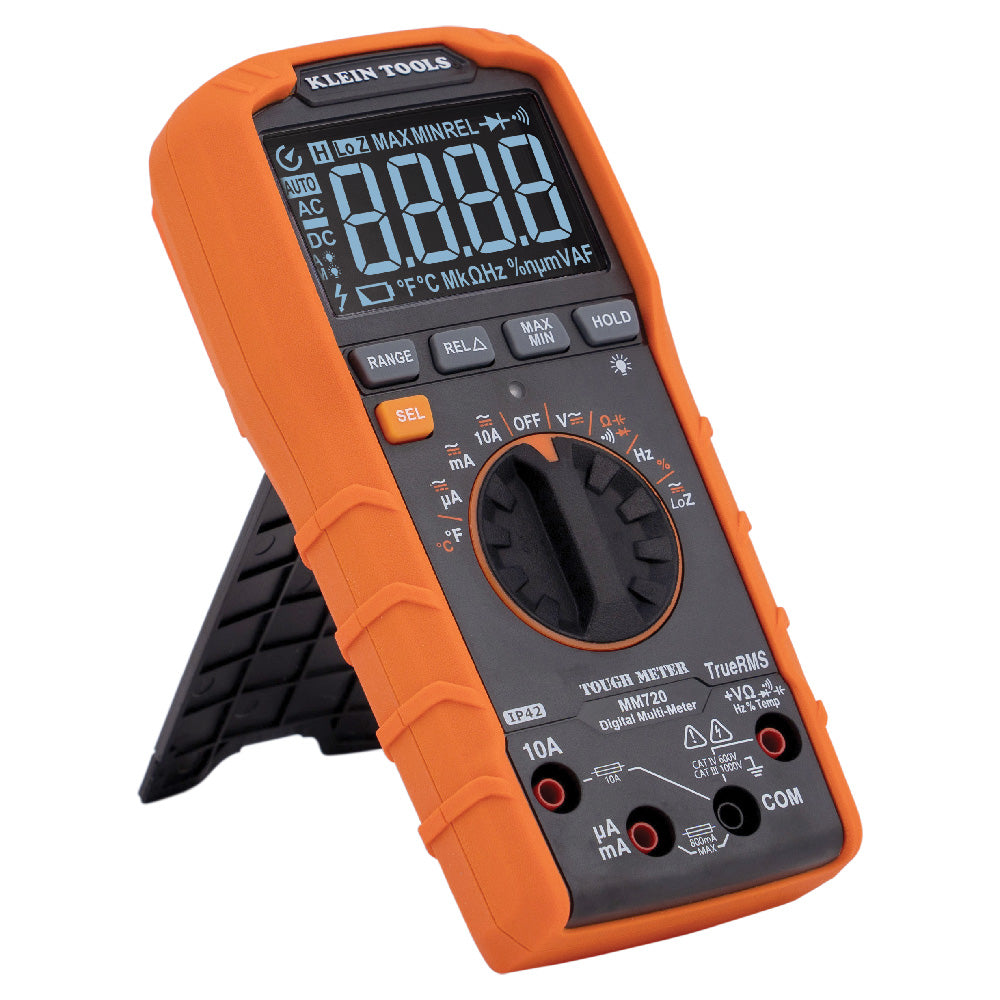 Orange and black digital multimeter with a white background
