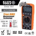 Klein Tools multimeter with specifications on a white background