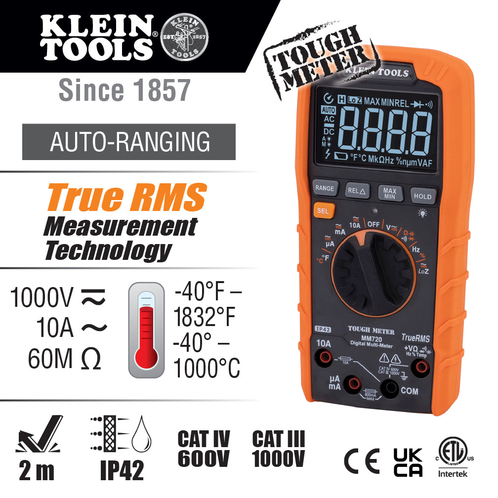 Klein Tools multimeter with specifications on a white background