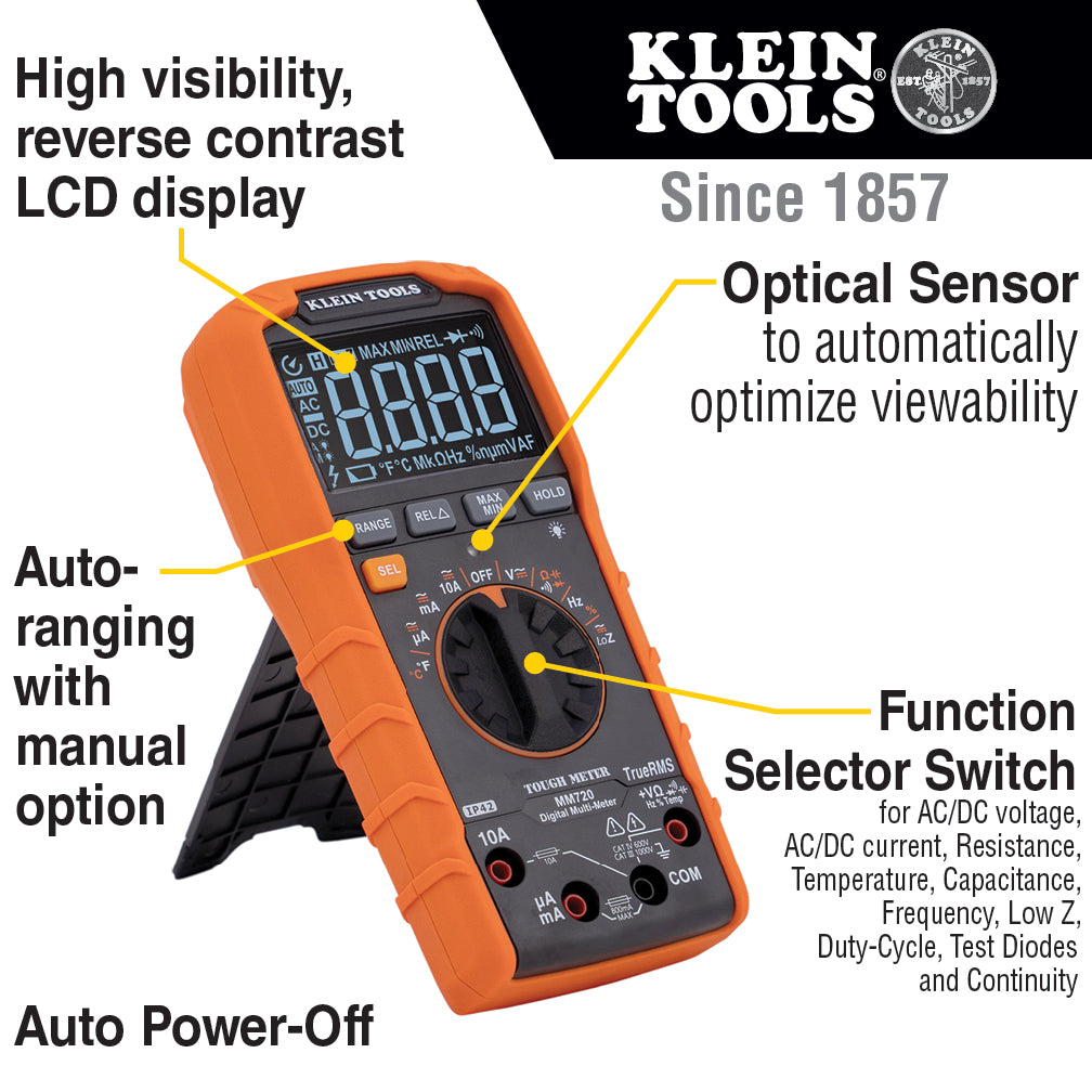 Multimeter with features highlighted, branded as Klein Tools.
