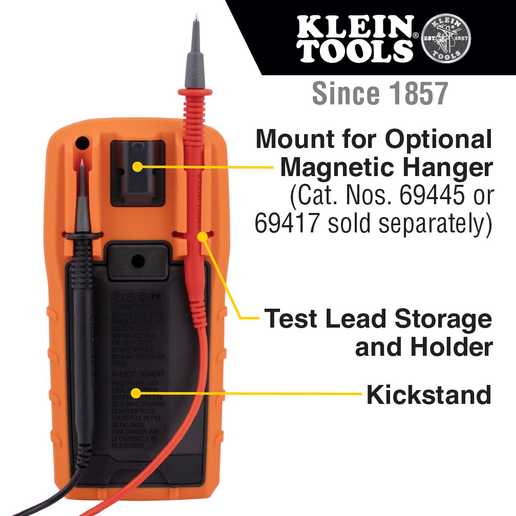 Orange multimeter with labeled features and Klein Tools branding