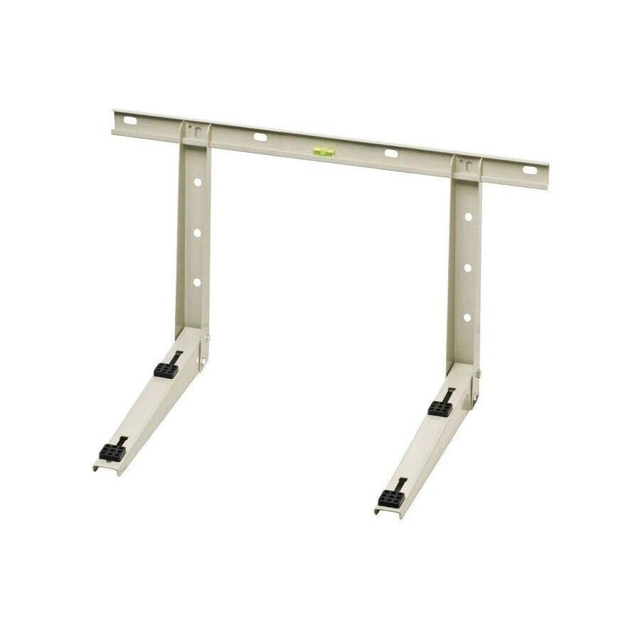 A metal air conditioning wall bracket with a spirit level attached to it, primarily gray in color.