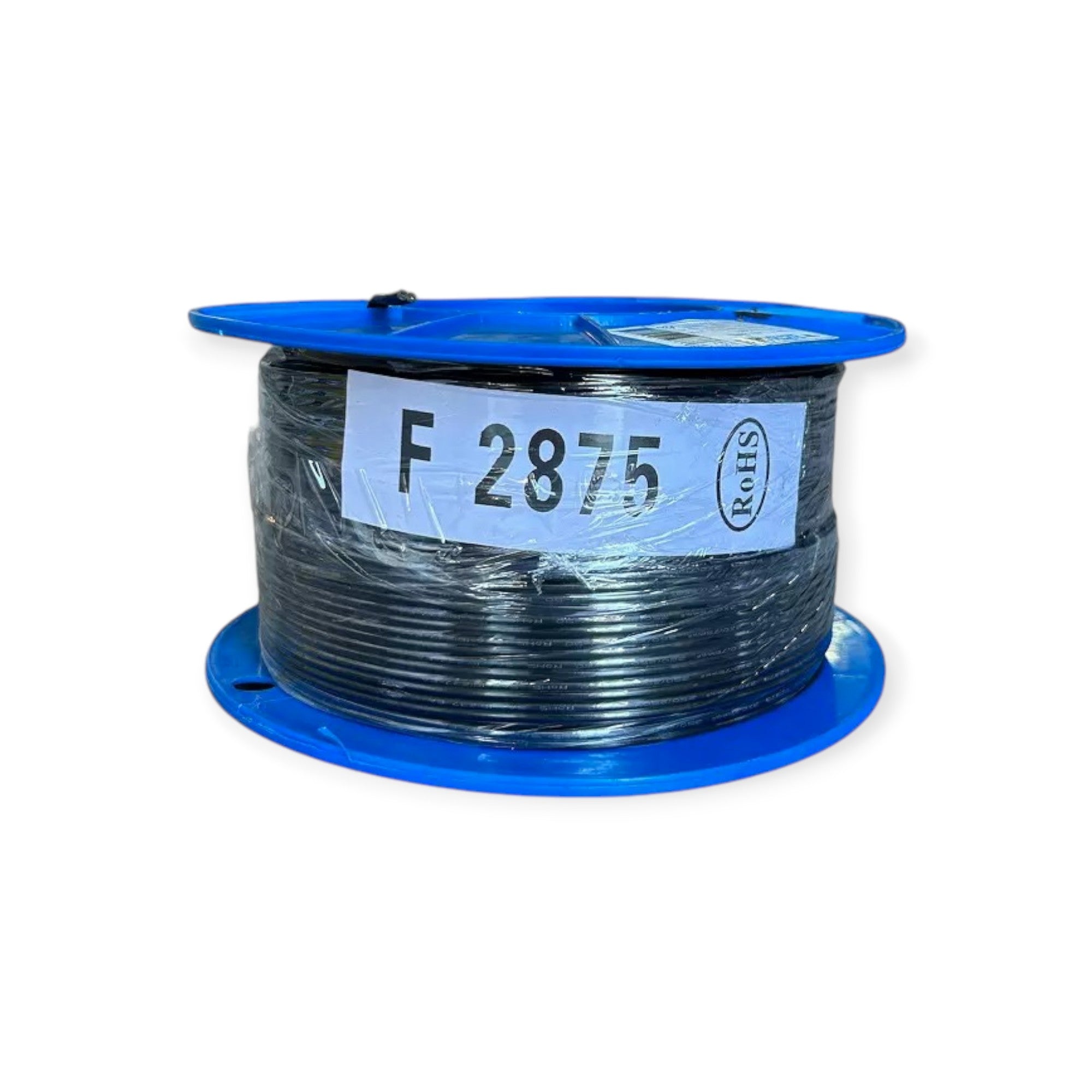 Spool of black cable with a blue label on a white background