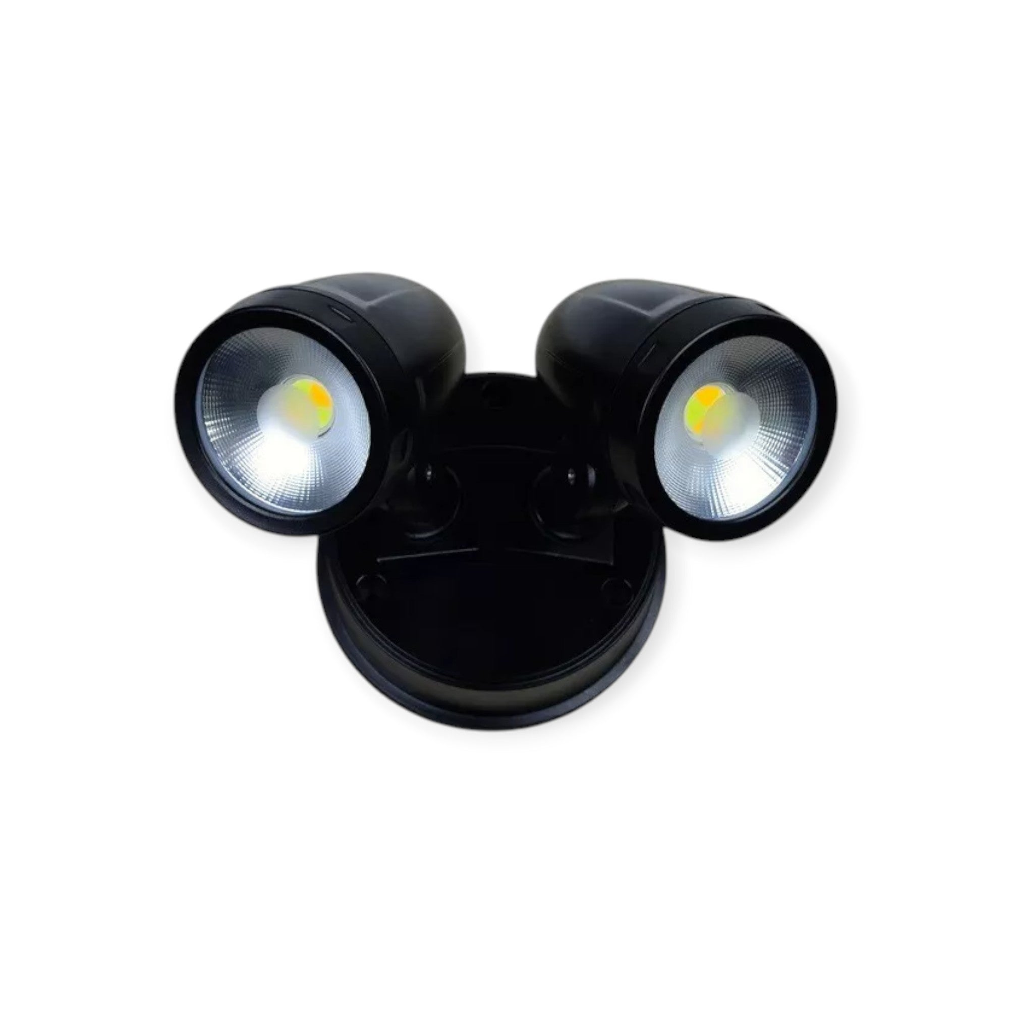 Black outdoor security light with two LED lights on a white background