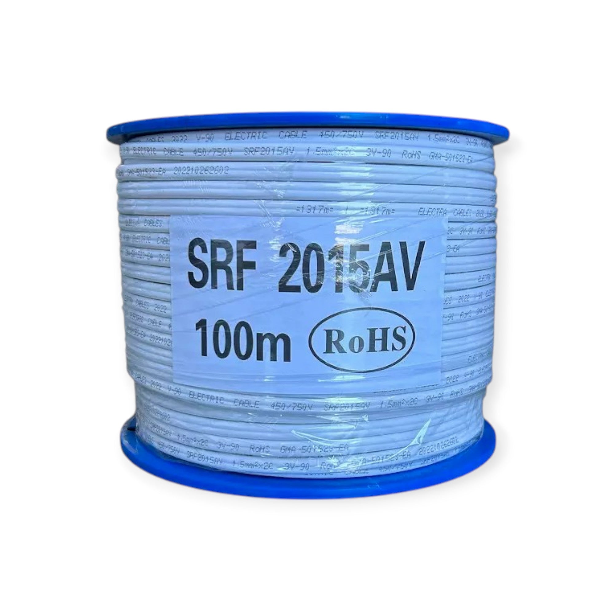A spool of blue electrical cable labeled with 'SRF 2015AV 100m RoHS'.