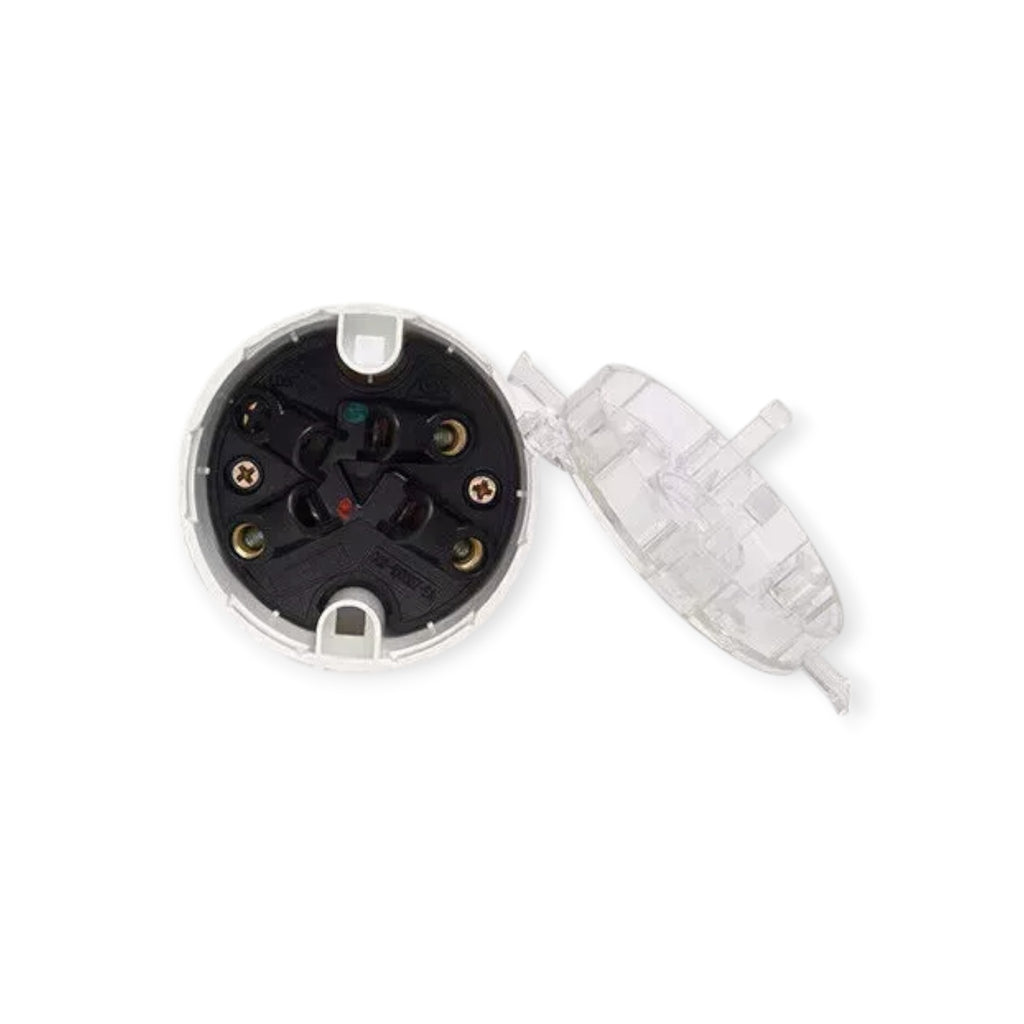 Mechanical component with black interior and clear plastic housing on a white background
