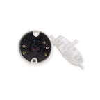 Mechanical component with black interior and clear plastic housing on a white background