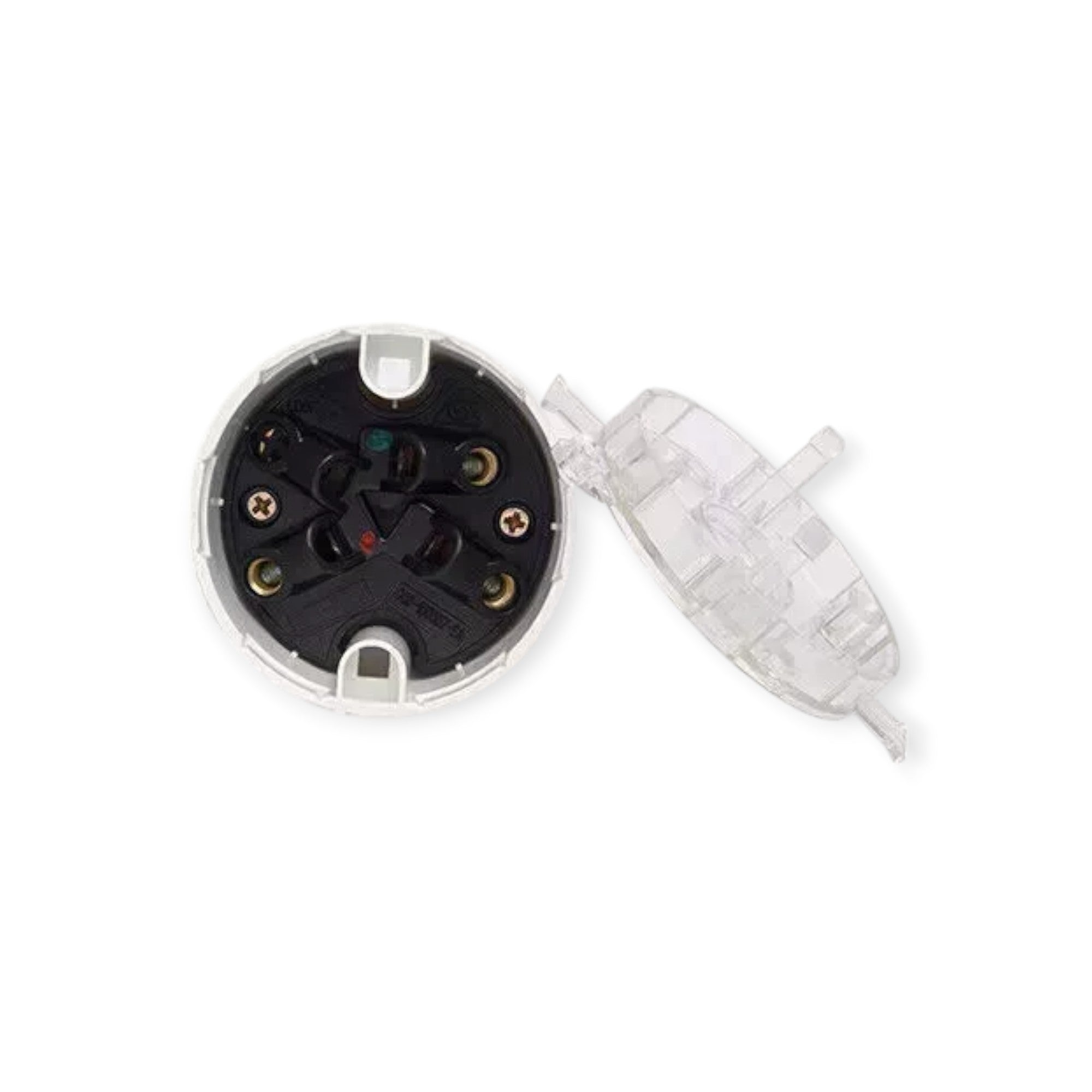 Mechanical component with black interior and clear plastic housing on a white background