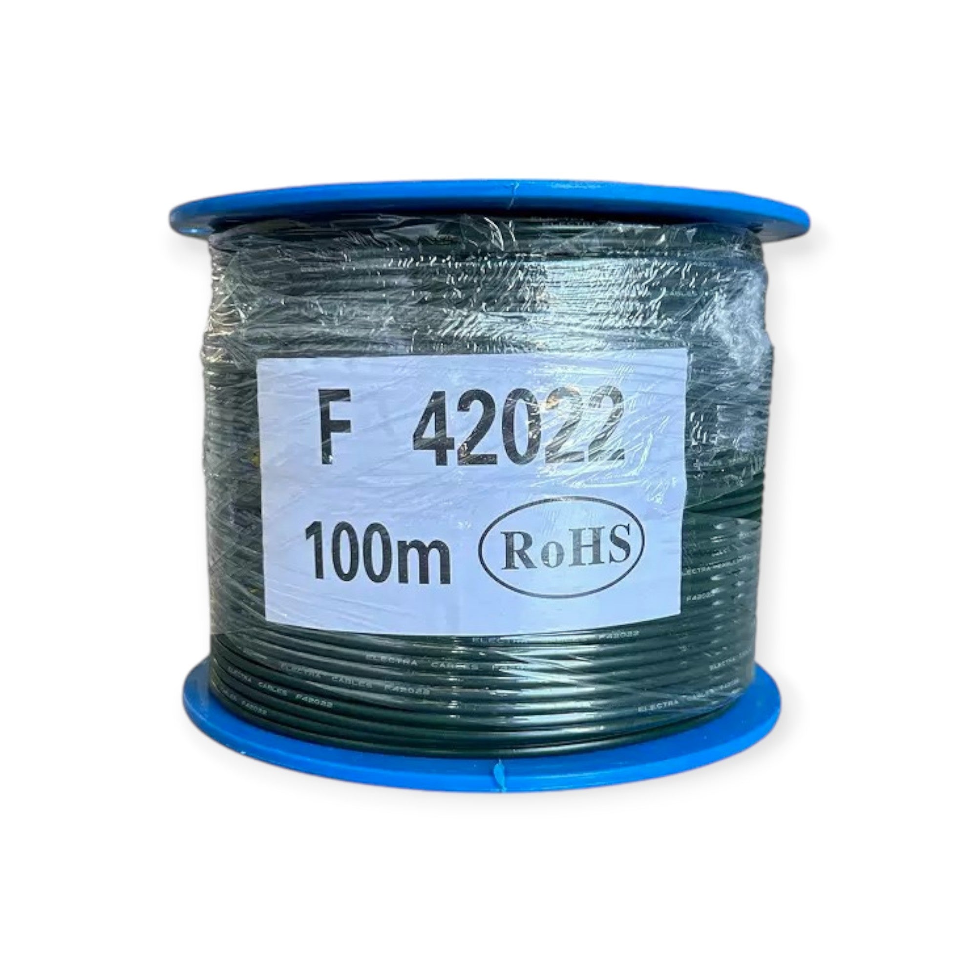 A spool of black electrical wire labeled with 'F 42022 100m RoHS' on a blue and white label.