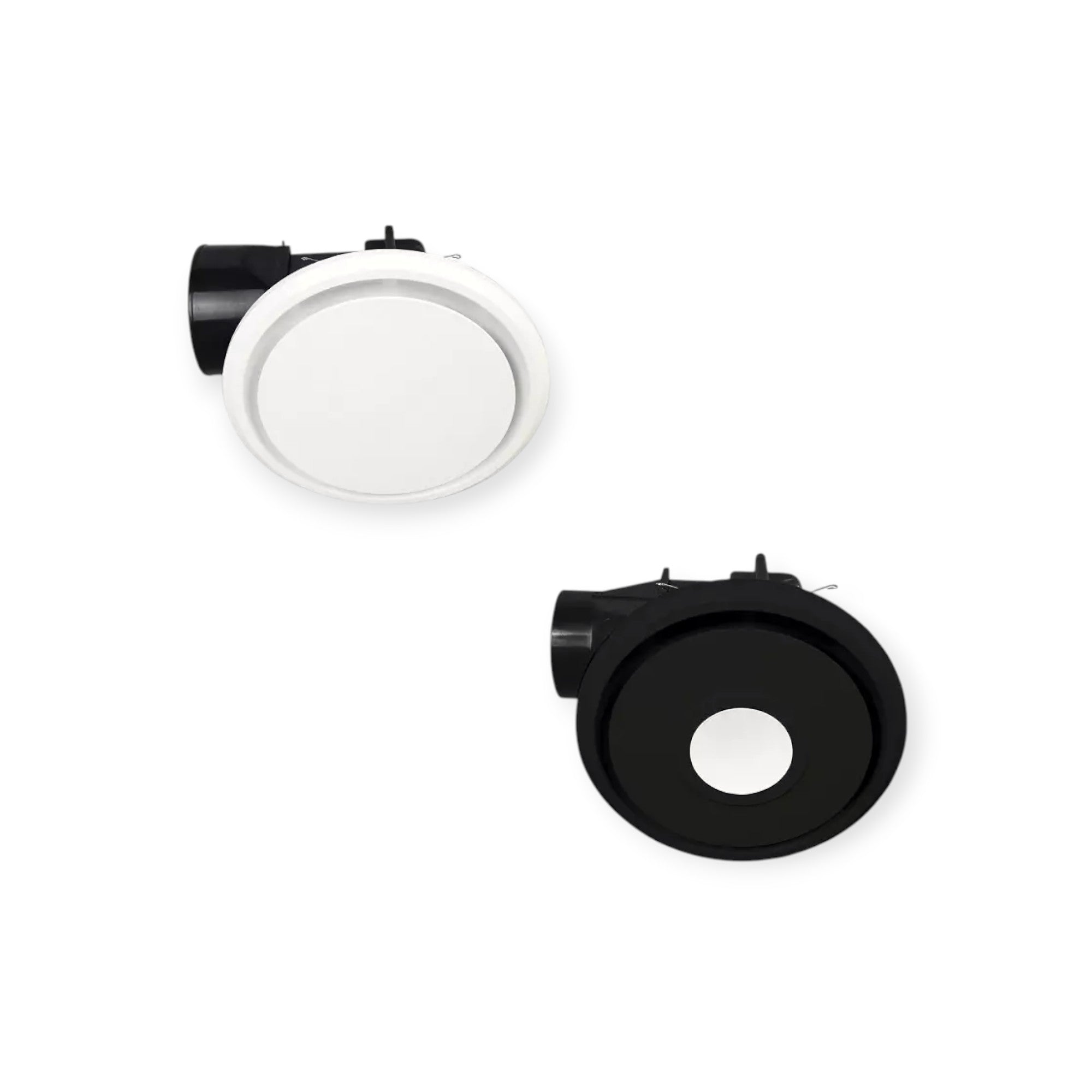 Two round ventilation fans, one painted white and the other black, isolated on a white background.