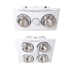 Two white bathroom heater exhaust fans with light, one with 3 lights and the other with 4 lights.