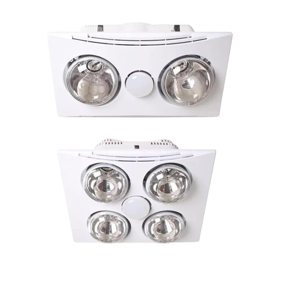 Two white bathroom heater exhaust fans with light, one with 3 lights and the other with 4 lights.