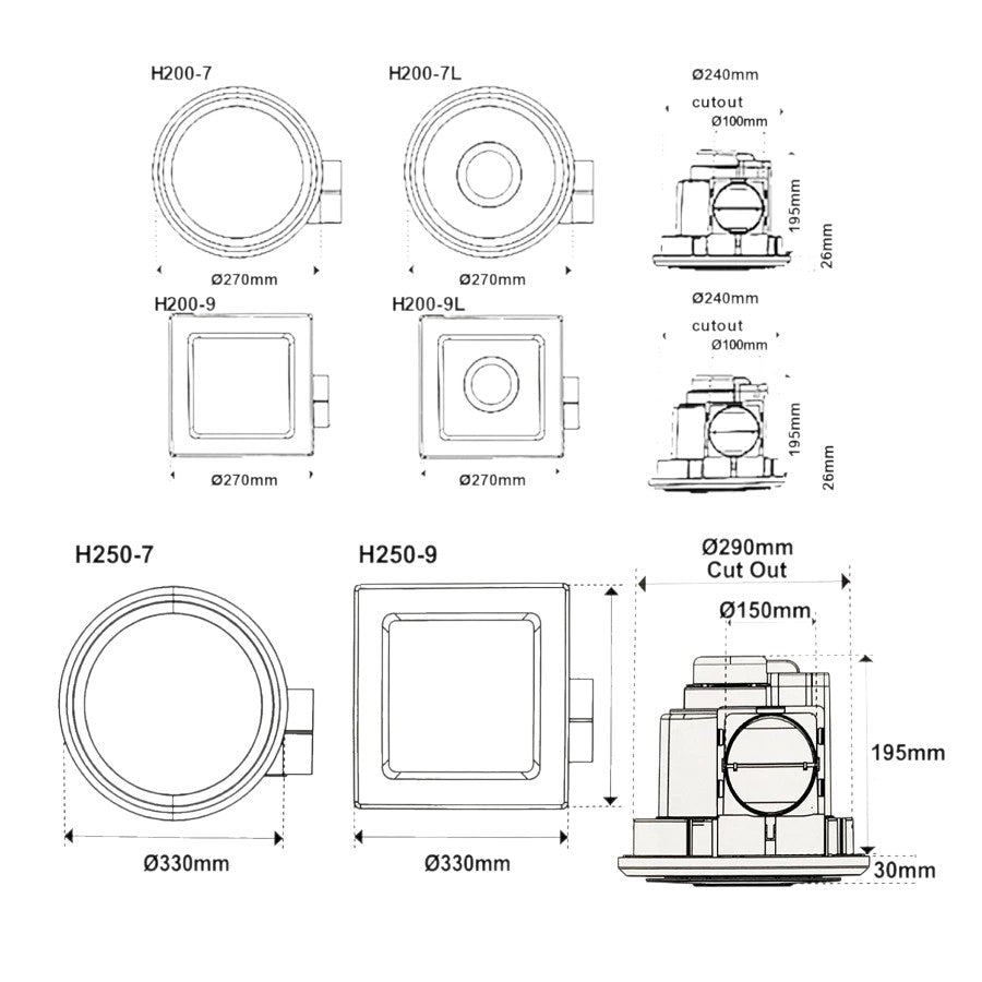 Square Bathroom Kitchen Exhaust Fan Light 240mm and 290mm Air Heat Extraction White Black