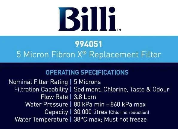 Genuine Billi 5 Micron Fibron X® Replacement Filter 994051 Replaces 994001