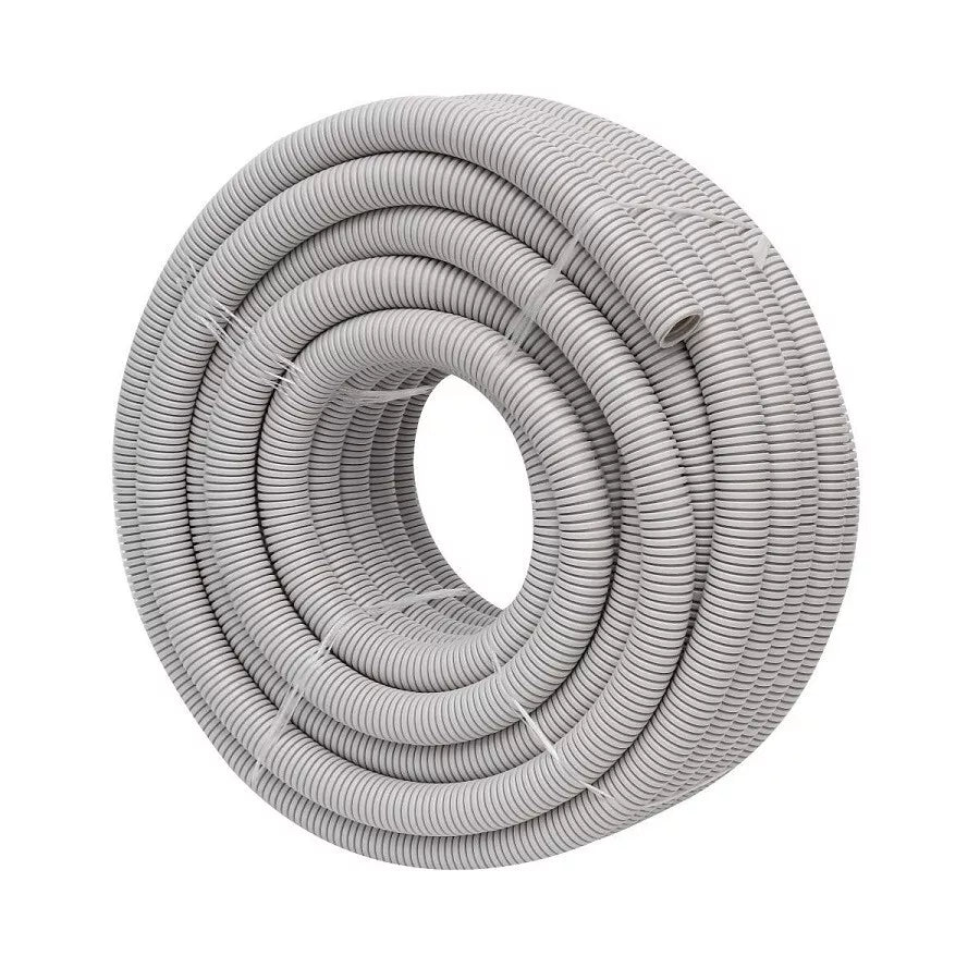 Coiled gray flexible hose on a white background
