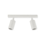 White ceiling light fixture with two cylindrical lights on a white background