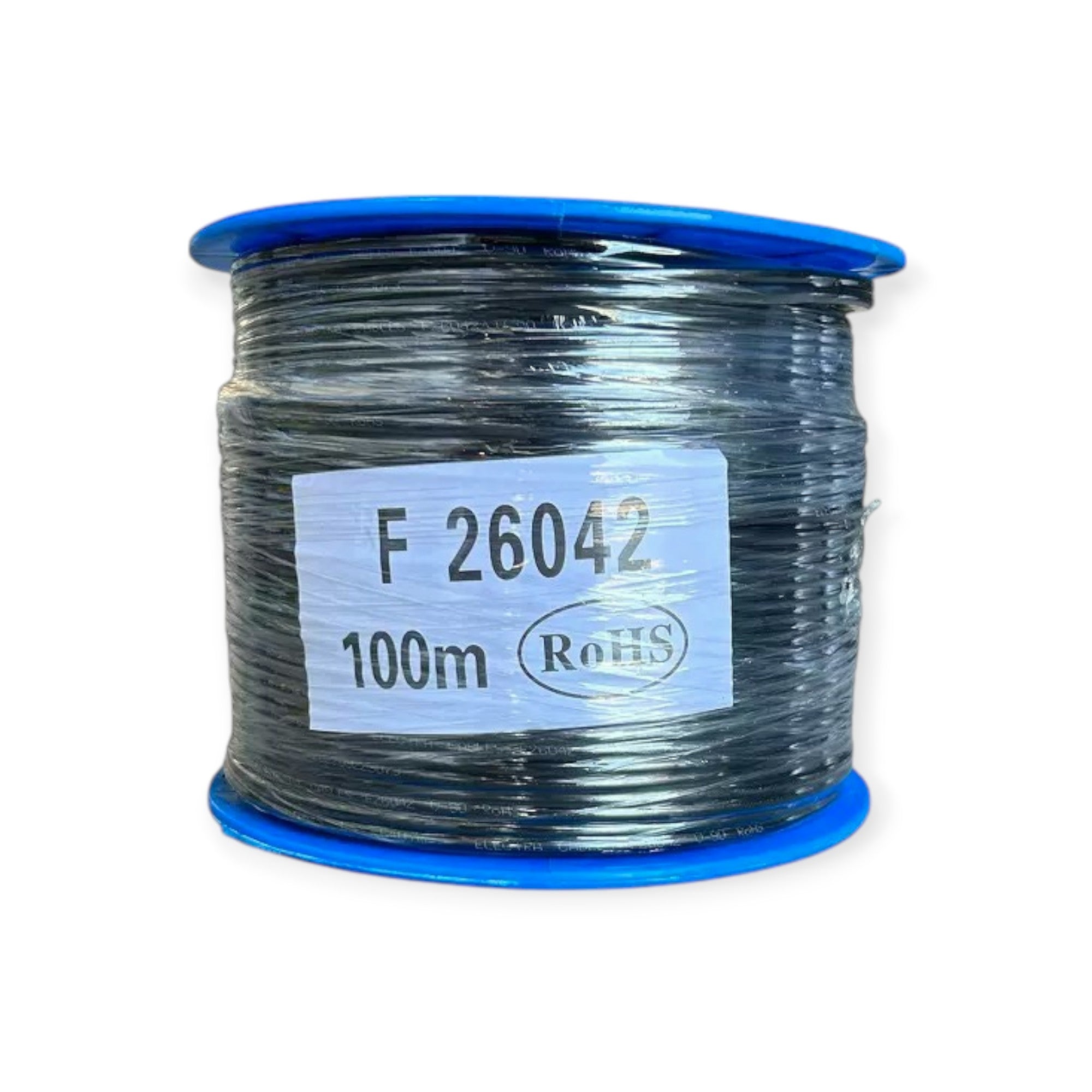 Spool of wire with label F 26042 on a white background