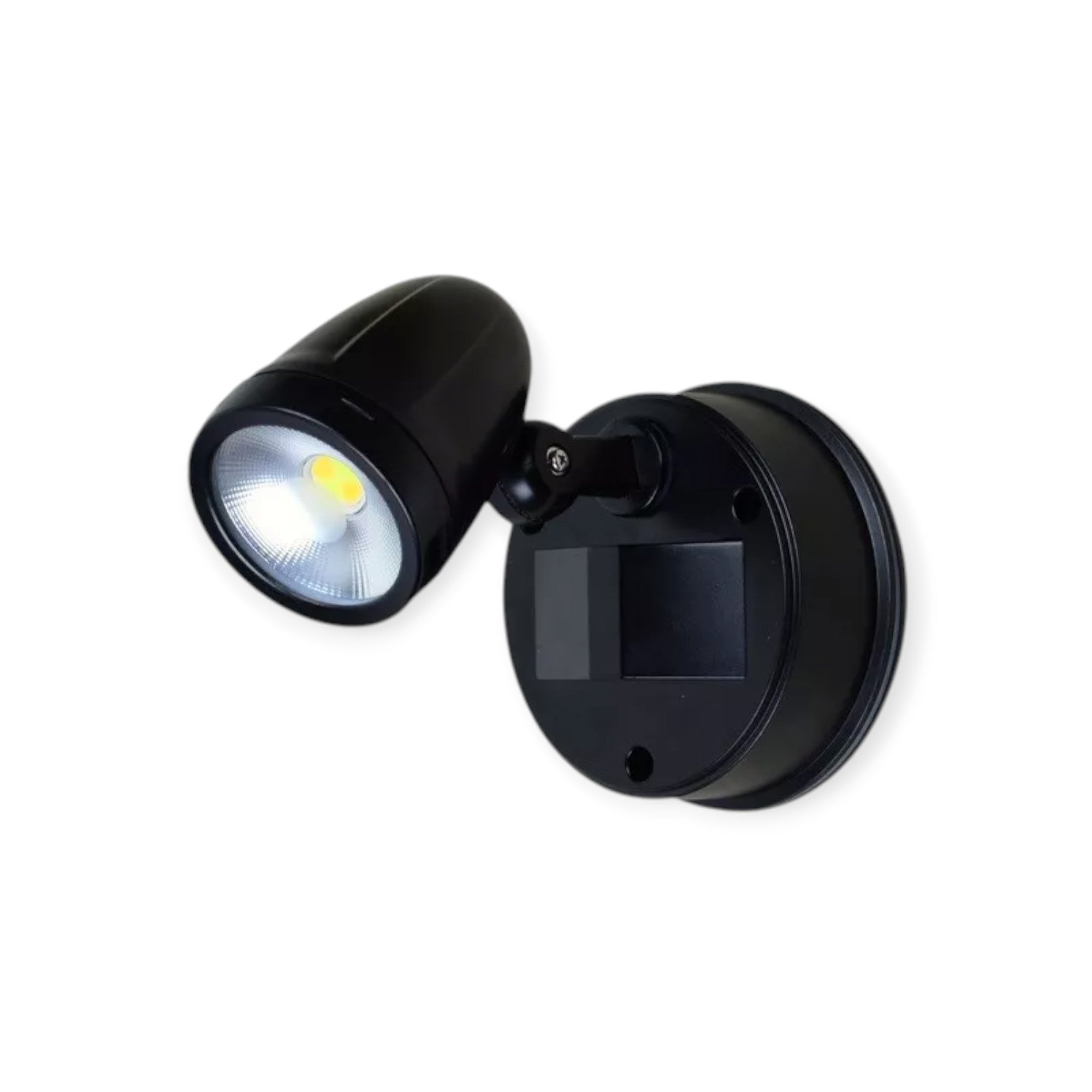 Black outdoor security light with motion sensor on a white background