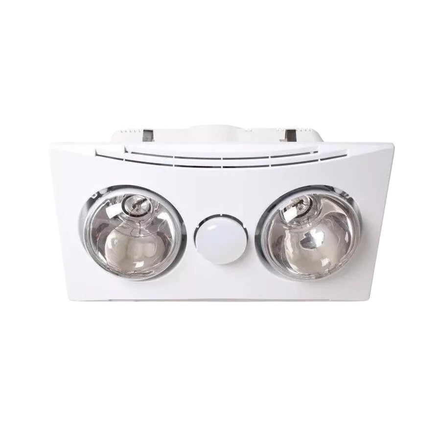 Two white bathroom heater exhaust fans with light, one with 3 lights and the other with 4 lights.